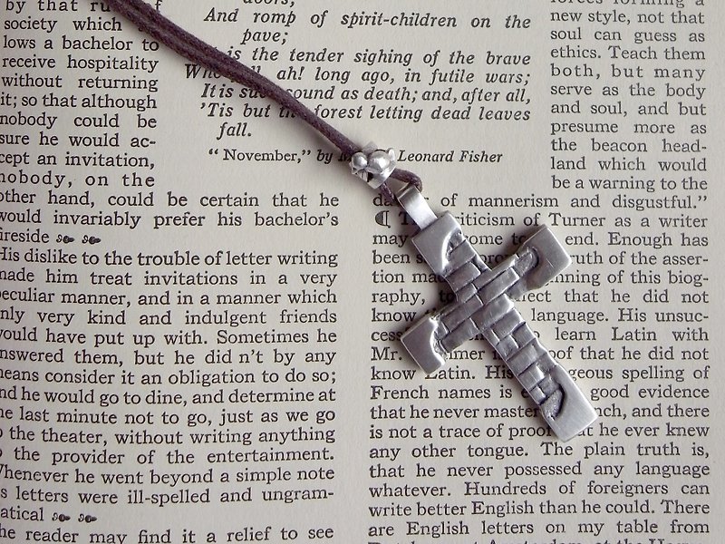 Brick Wall Cross--Sterling Silver--Silver Cross--Pendant Necklace with Wax Rope - สร้อยคอ - เงิน สีเทา