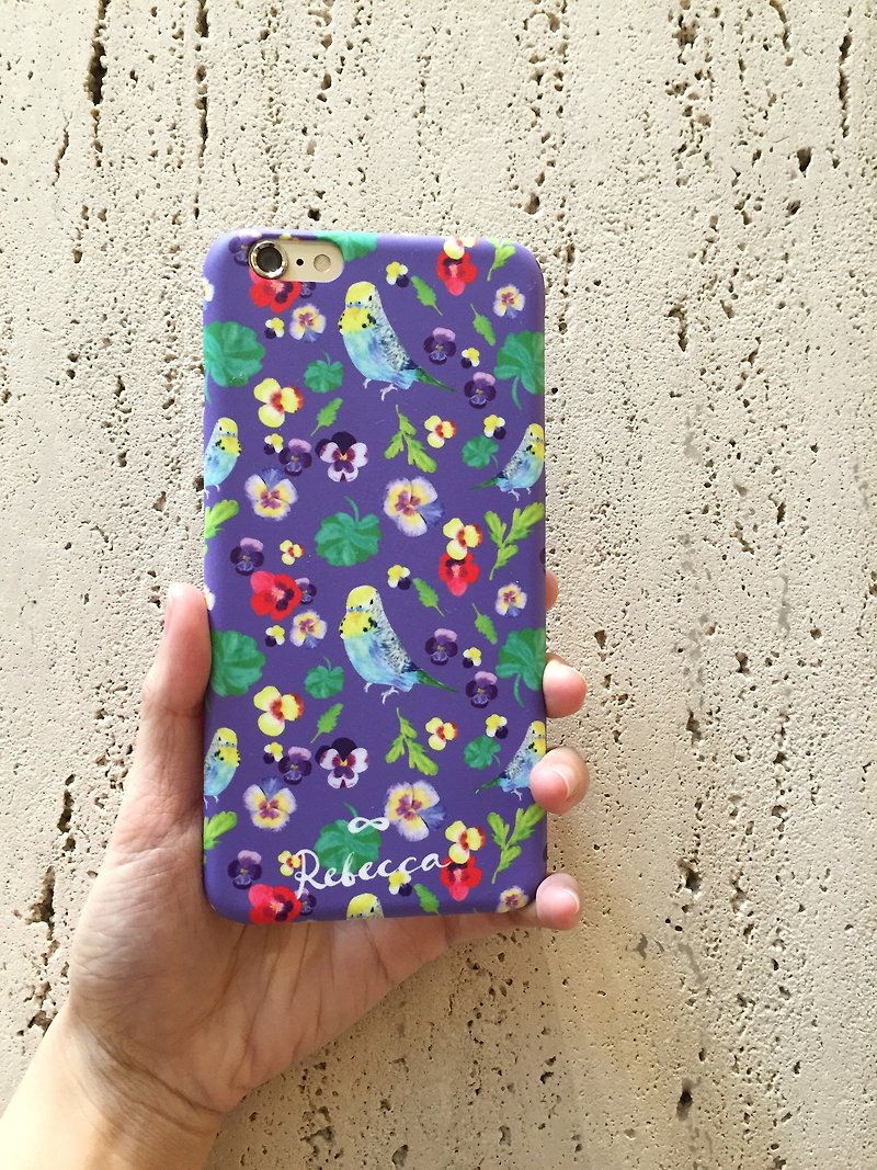 Budgie Bird iPhone 7 Case in Violet, Parrot and Pansy Flowers Personalized phone case, Gift for Bird Lovers, Tropical Flowers - Phone Cases - Plastic Purple