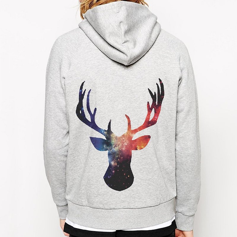 Cosmic Stag Zip Hooded Jacket-Gray Milky Way Deer Tree Natural Animal Environmental Protection Wenqing Art Design Fashionable Fashion Simple Simple - เสื้อฮู้ด - วัสดุอื่นๆ สีเทา
