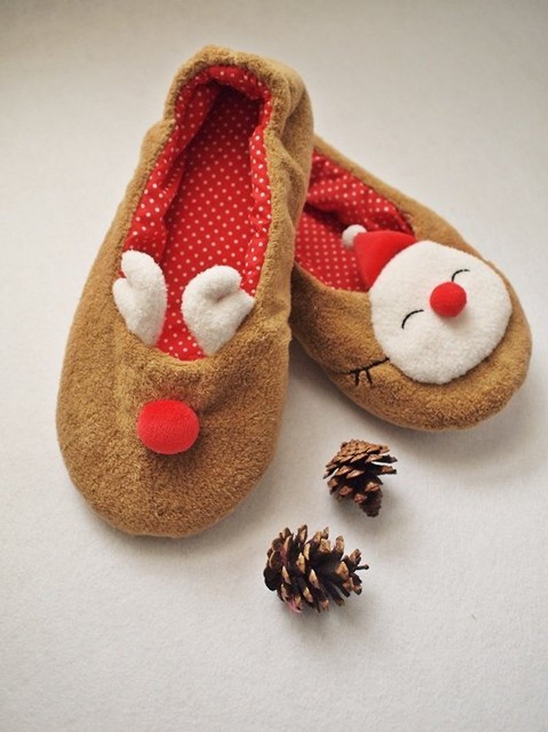 hairmo。聖誕限定室內暖暖拖鞋(雪人與麋鹿的派對)-森林版 - 女款休閒鞋 - 其他材質 橘色