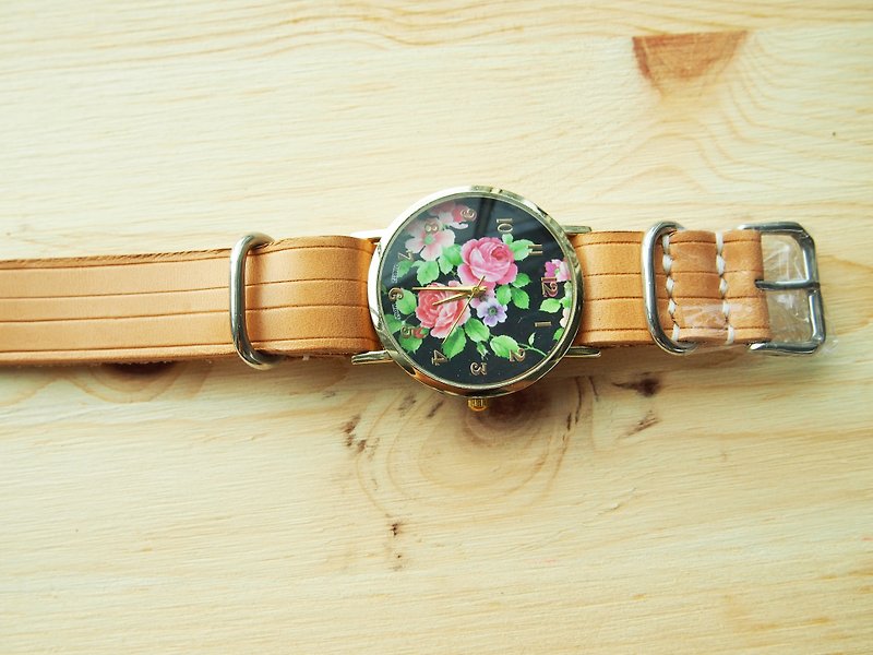 花びらの芯が付いた手作りの植物タンニンなめし革ストラップ - 腕時計 - 革 
