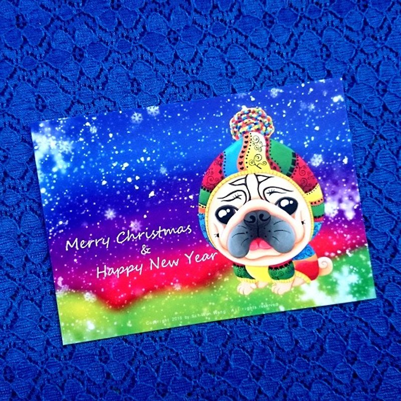 はがき-Merry Christmas & Happy New Year Pug-03 - カード・はがき - 紙 ホワイト