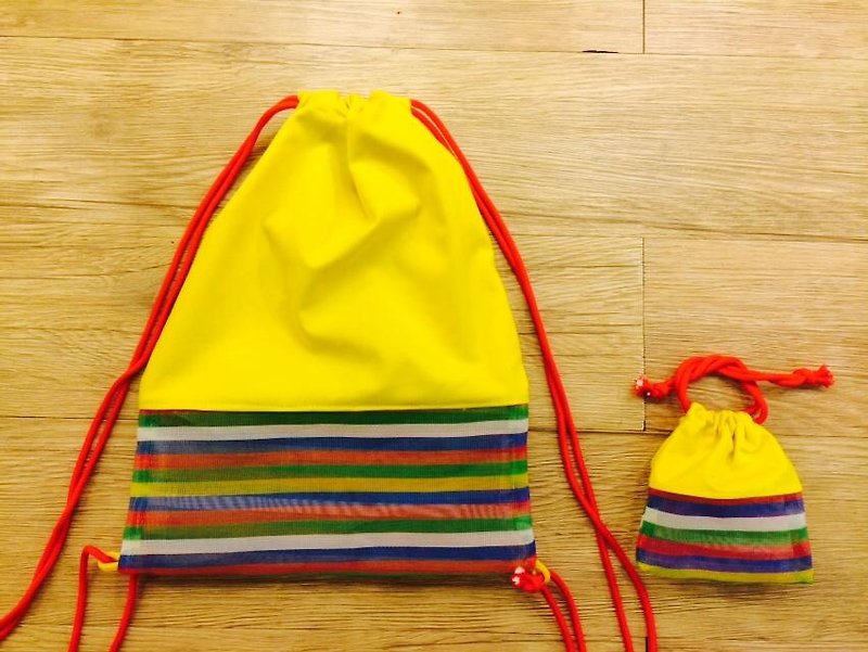 RABBIT LULU after Drawstring beam port Backpack. Slightly transparent yellow color stripe canvas bag bottom size group - Drawstring Bags - Other Materials Yellow