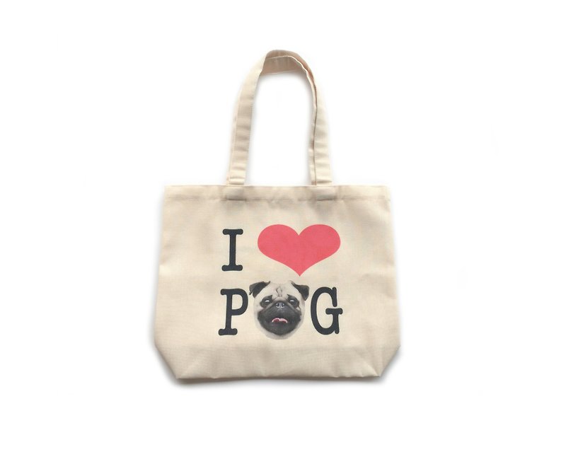 [ YONG ] I Love Pug Canvas Tote - กระเป๋าแมสเซนเจอร์ - ผ้าฝ้าย/ผ้าลินิน ขาว