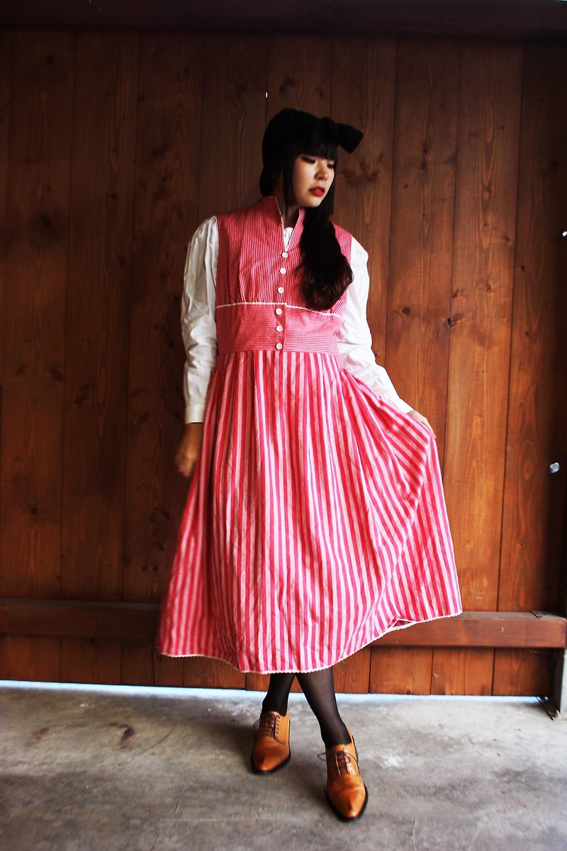 F849(Vintage)紅色條紋棉質背心洋裝(奧地利傳統Dirndl) - 連身裙 - 其他材質 紅色