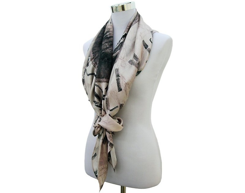 Human washer square silk scarf 100% Silk digitally printed - ผ้าพันคอ - ผ้าไหม สีเทา