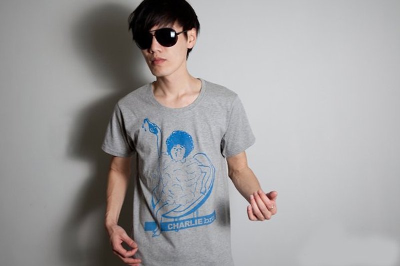 Hand-painted handprint TEE 【Charlie Drunk】male/female - Men's T-Shirts & Tops - Cotton & Hemp Blue
