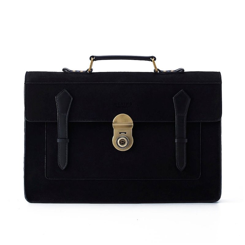 Black suede leather x black gold buckle MFx official type bag - กระเป๋าแมสเซนเจอร์ - หนังแท้ สีดำ