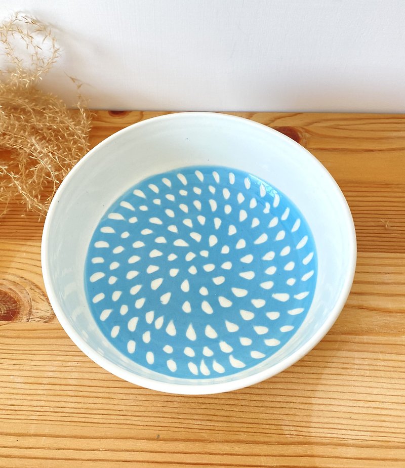 Little Raindrops - Pottery Shallow Plate - Pink Blue - ถ้วยชาม - ดินเผา สีน้ำเงิน
