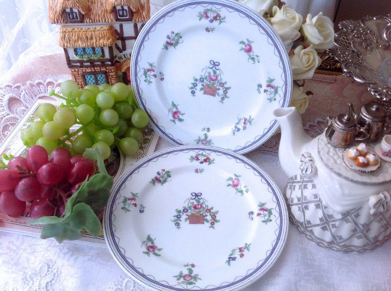 ♥安妮瘋古物♥vintage 復古 古董英國骨瓷皇家御用Aynsley 安茲麗1920年 Aynsley 古董手繪玫瑰點心盤兩件組 - 碟子/醬料碟/醬油碟 - 其他材質 藍色