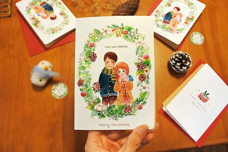 聖誕花圈裡的我愛你_Rami水彩手繪風聖誕卡/單張含信封與貼紙 - 卡片/明信片 - 紙 