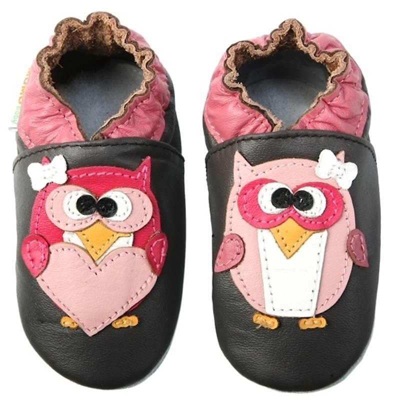 Momo Baby toddler shoes handmade leather -Pretty Owls Pink Owl - รองเท้าเด็ก - หนังแท้ สึชมพู