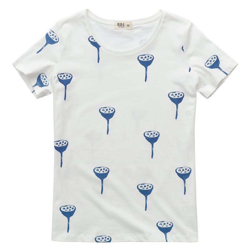Explicationsオリジナルブランドの女性の綿ラウンドネック半袖Tシャツダークブルーと白の蓮 - Tシャツ - コットン・麻 ホワイト