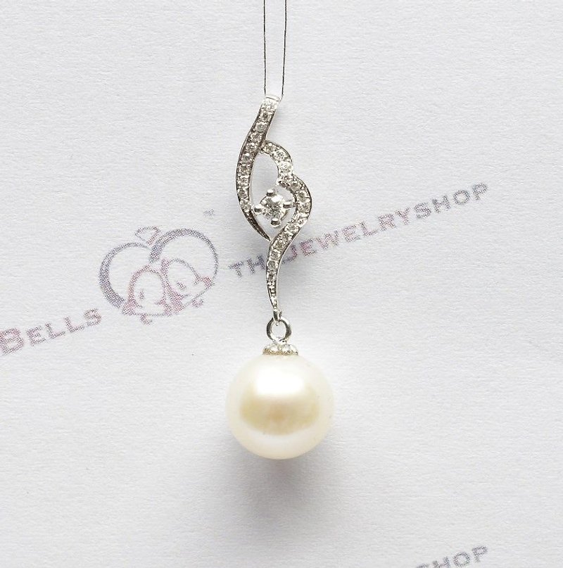 18K White Gold FWP with Diamond Pendant / Fantasy Ribbon Heart (Free Sh - Necklaces - Pearl White