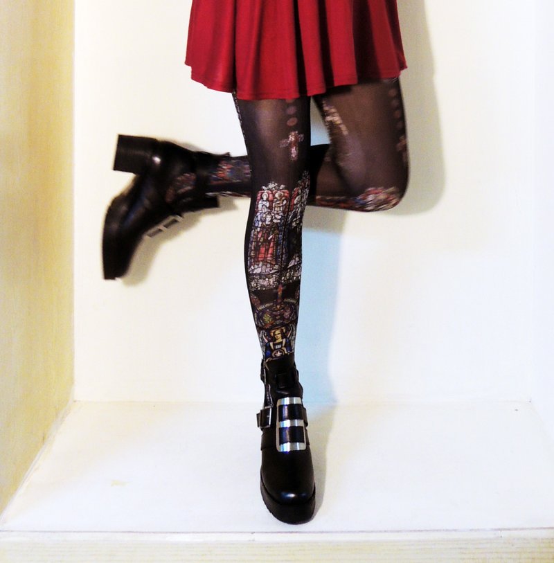 O+S= 限量原創雙面設計 Hosanna in the Highest 教堂彩繪玻璃 褲襪 絲襪 印花 創意 - 絲襪/褲襪 - 其他材質 黑色