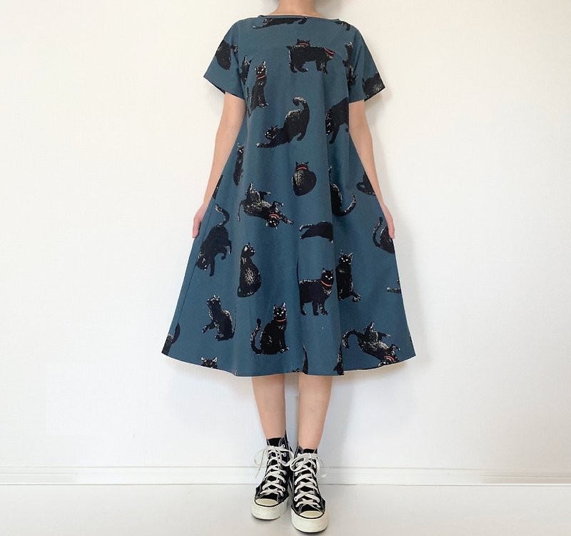 Black cat short sleeve dress cotton linen　blue gray - One Piece Dresses - Cotton & Hemp Gray