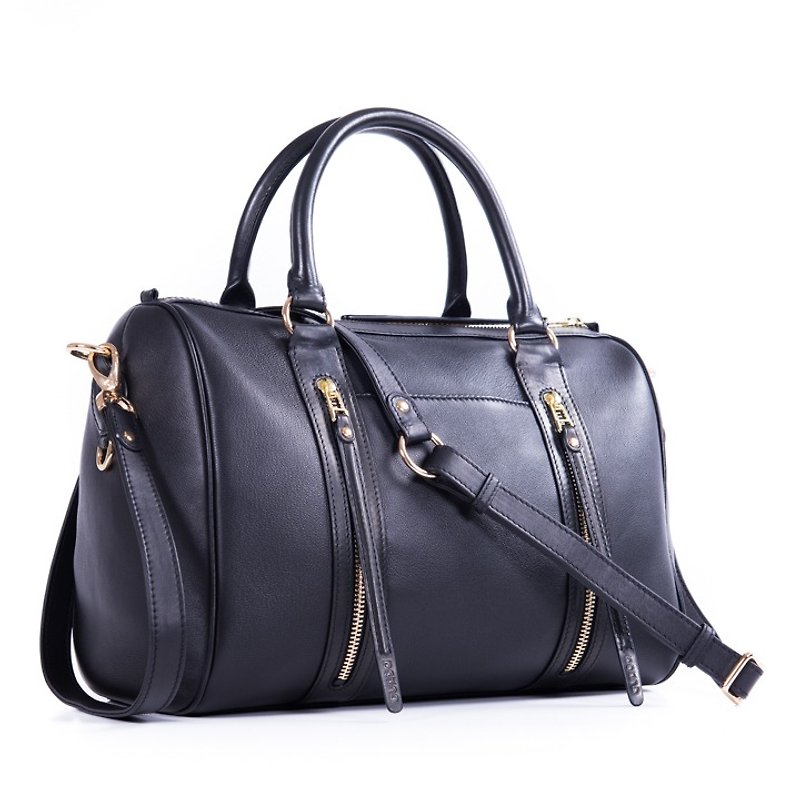Patina leather handmade custom Vera Duffel Retro handbag, travel bag, Boston bag - Handbags & Totes - Genuine Leather Black