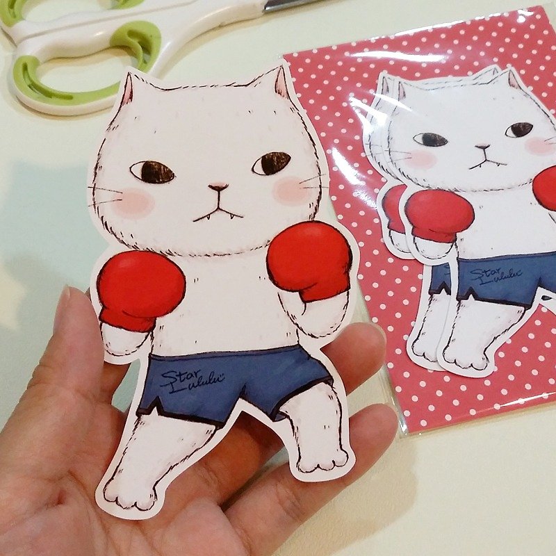 Super sticky waterproof stickers (large) / white meow boxer Fighting - สติกเกอร์ - กระดาษ สีแดง