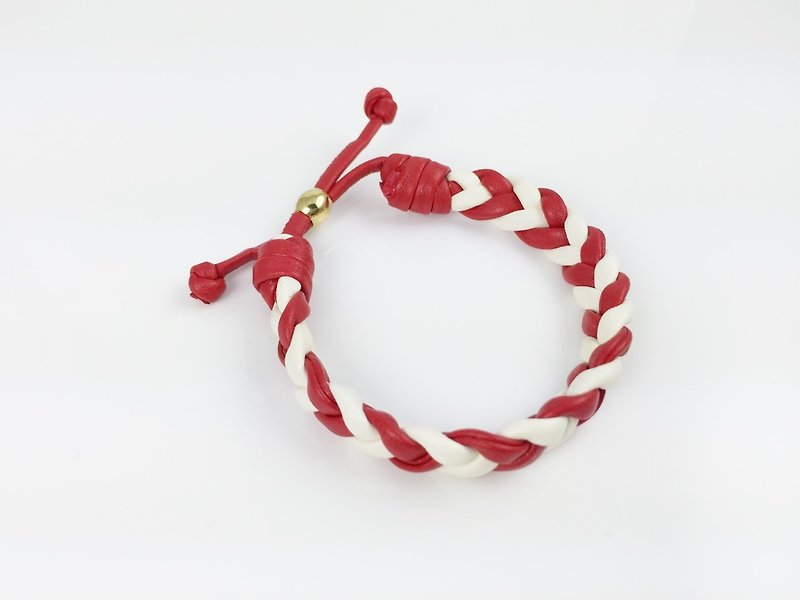 Red and white color - imitation leather cord woven - สร้อยข้อมือ - หนังแท้ สีแดง