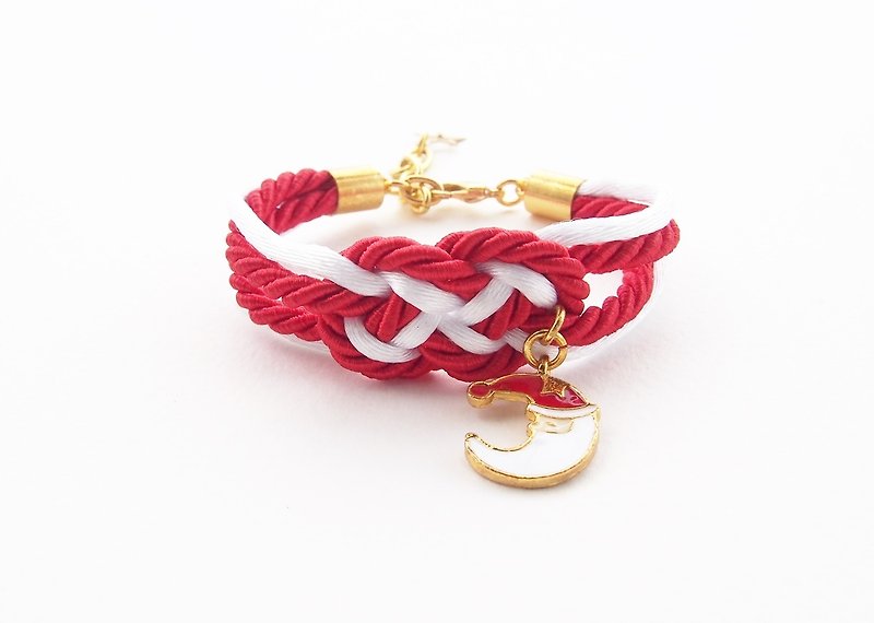 Red and white nautical bracelet with Santa Claus moon charm - 手鍊/手鐲 - 其他材質 紅色
