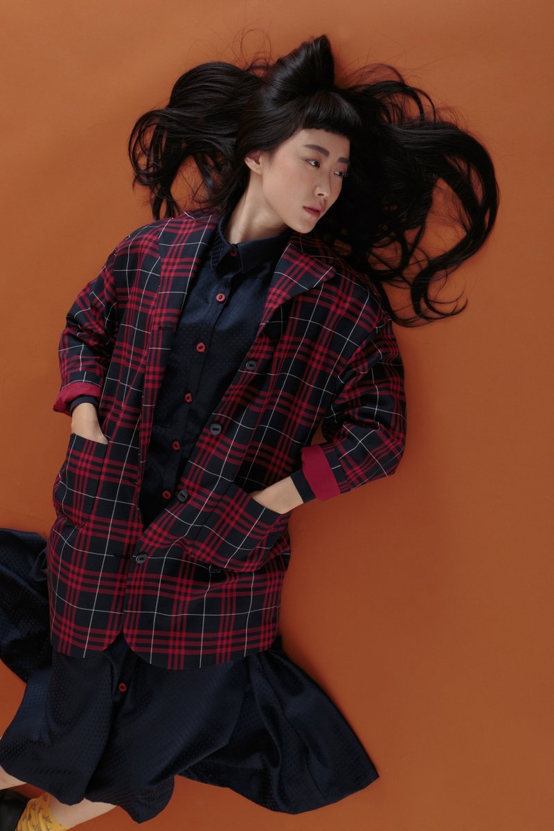 tan-tan / red plaid jacket - เสื้อแจ็คเก็ต - ผ้าฝ้าย/ผ้าลินิน สีแดง