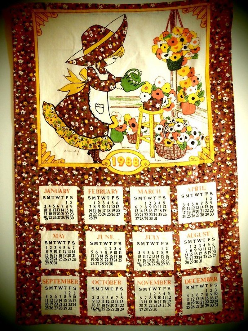 1988 美國早期布面月曆 小花與少女 - Wall Décor - Other Materials Multicolor