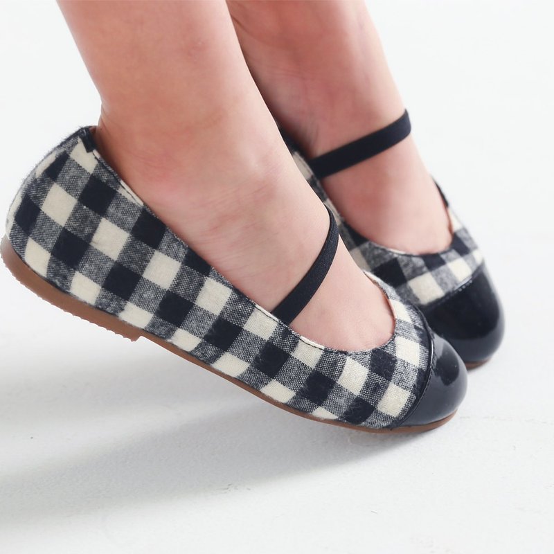 Handmade Children's Shoes | Made in Taiwan | Plaid Mary Janes | Girls' Leather Shoes | Limited Size Special Offer - Black & White Plaid - รองเท้าเด็ก - ผ้าฝ้าย/ผ้าลินิน สีดำ