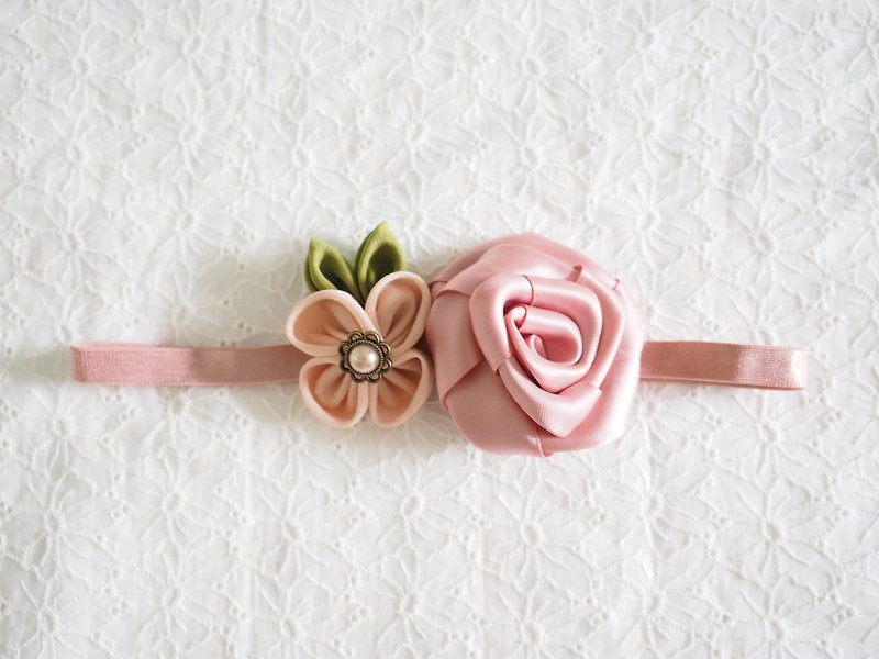 Handmade Elastic Headband with ribbon rose - Hair Accessories - Other Materials Pink