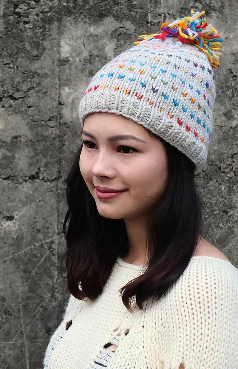 Handmade Hand Knit Wool Beanie Hat with Pompom Dot Design White - Hats & Caps - Other Materials Multicolor