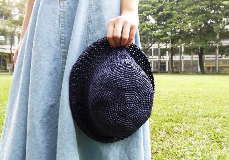 A mother's hand-made hat-autumn paper rope hat-simple round hat dark blue/Mother's Day - หมวก - กระดาษ สีน้ำเงิน