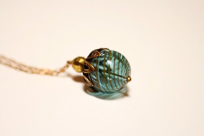 Valentine navy blue striped fruit necklace handmade glass ball / brass - สร้อยคอ - แก้ว สีน้ำเงิน