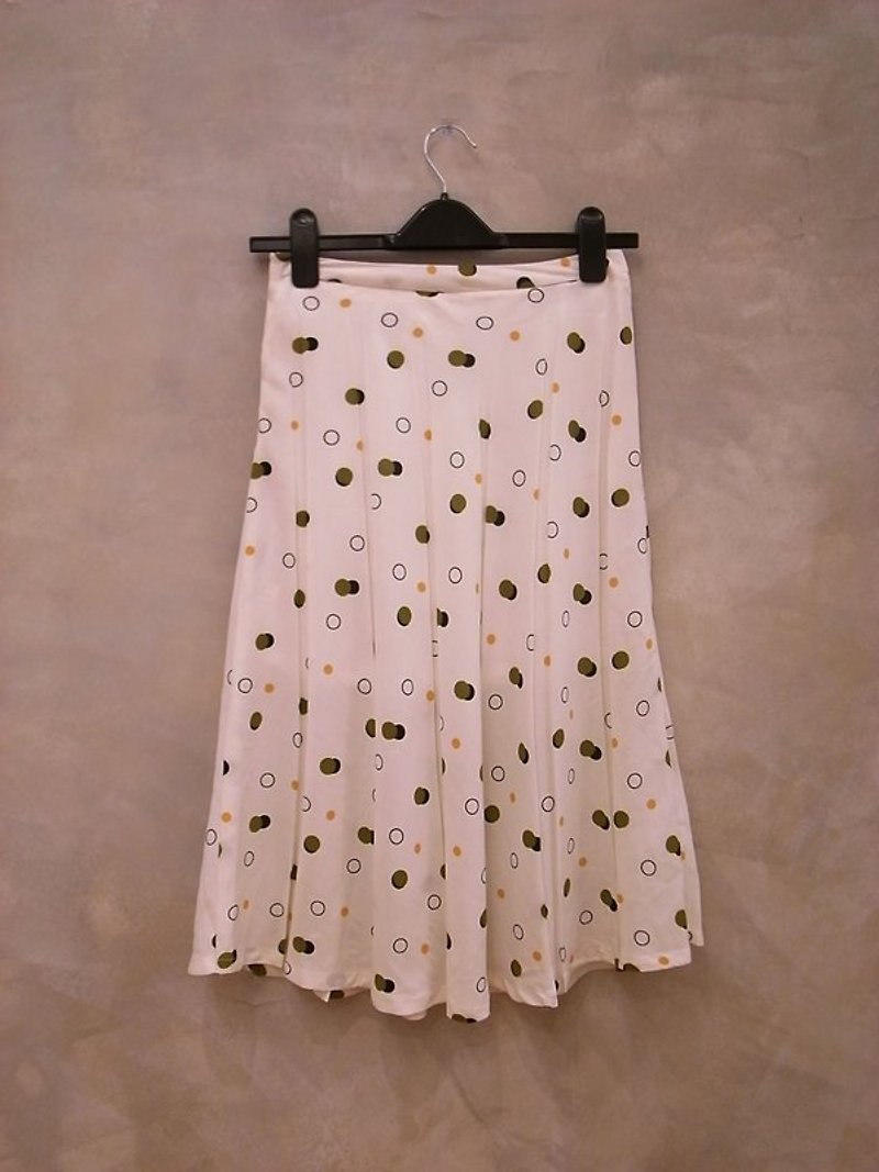 白底 橄欖綠橘色小波點 裙 Bea:Mon 古著 - 裙子/長裙 - 其他材質 白色