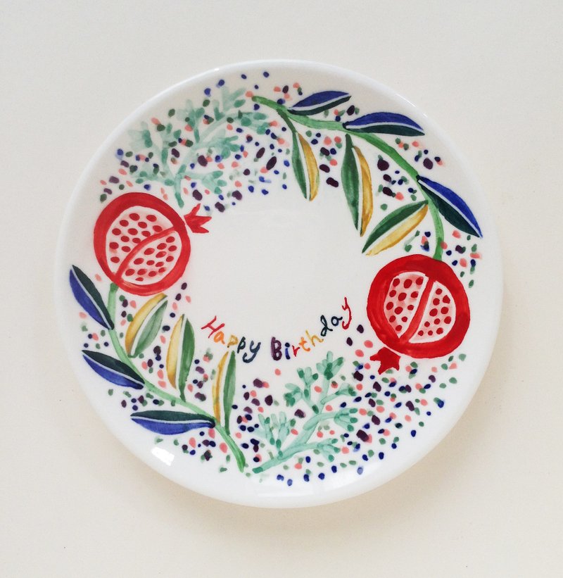 Hand-painted 6-inch cake pan / tray - Happy Birthday Happy Birthday / red pomegranate - Small Plates & Saucers - Porcelain Red