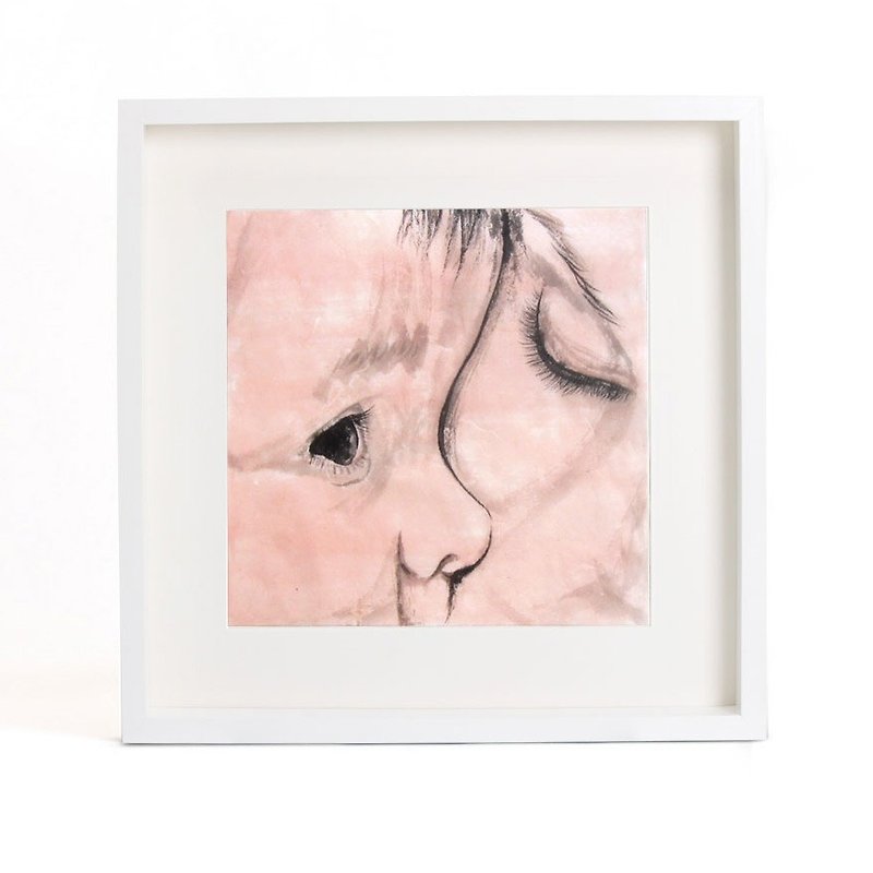 Custom Portrait  with Wood Frame, Mother and Child's Portrait, Original Hand Drawn Portrait from Your Photo, OOAK watercolor Painting Ideas Gift - Posters - Paper Pink