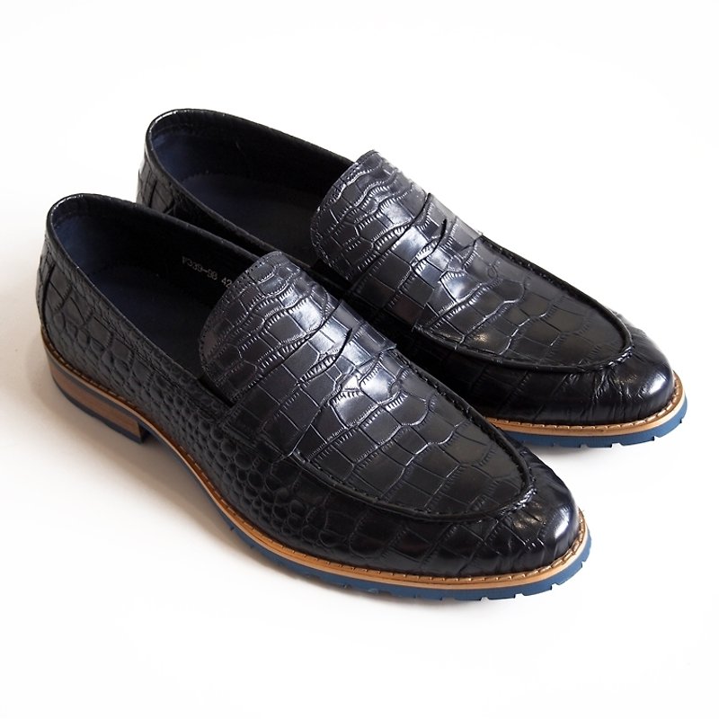[LMdH]D1B07-39鱷魚皮壓紋小牛皮Penny-loafers配色底木跟樂福鞋‧深藍色‧免運費 - Men's Casual Shoes - Genuine Leather Blue