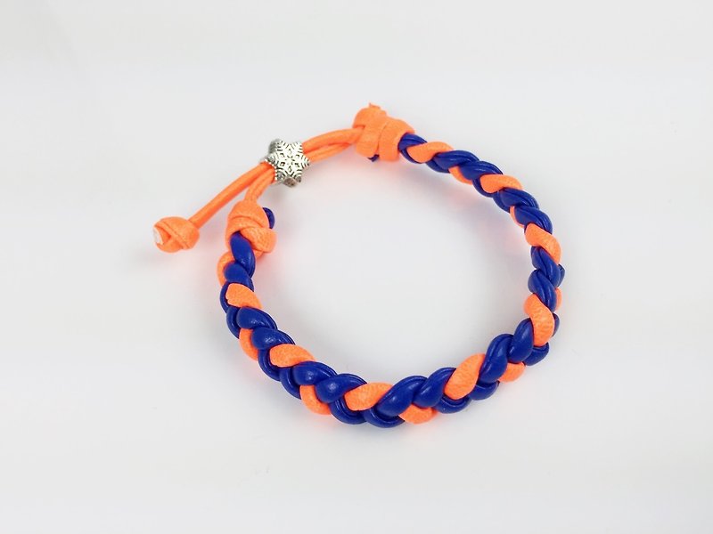 螢光橘藍色雙色-仿皮繩編織 - 手鍊/手環 - 真皮 橘色