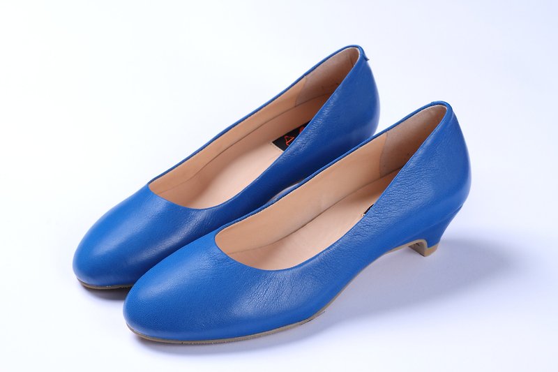 Plain Blue | low-heeled shoes (existing size 38 #) - High Heels - Genuine Leather Blue