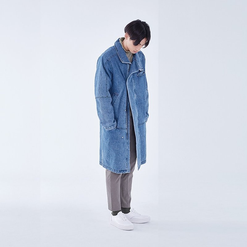 TRAN - collar coat splicing - เสื้อโค้ทผู้ชาย - ผ้าฝ้าย/ผ้าลินิน สีน้ำเงิน