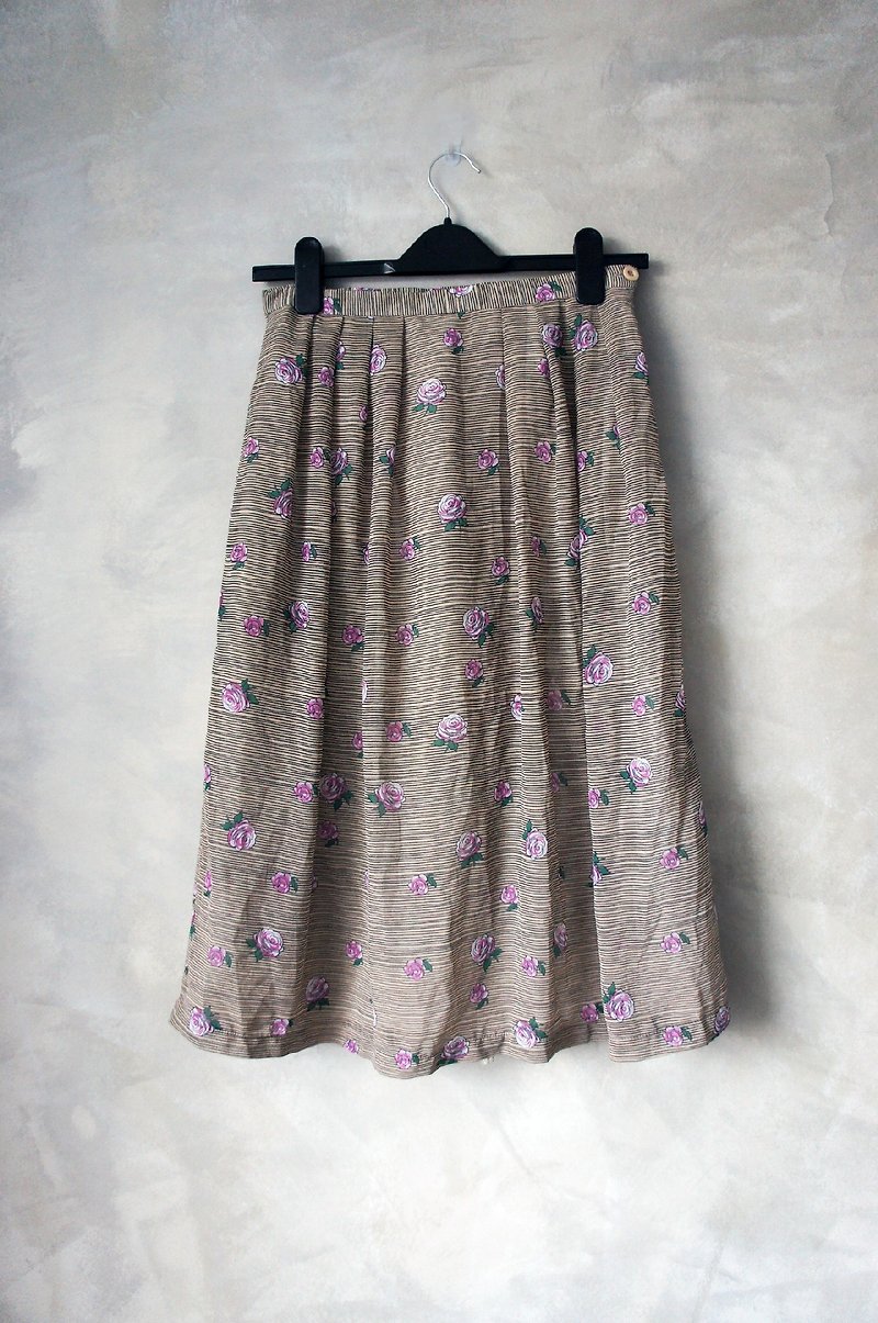 PdB vintage painted pale pink rose print chiffon skirt light brown thin stripes - Skirts - Other Materials Multicolor