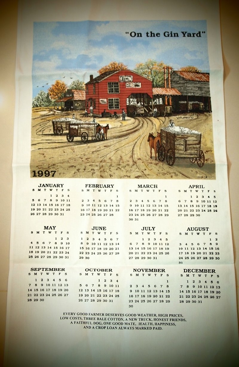 Early American cloth calendar year 1997 on the Gin Yard - ตกแต่งผนัง - วัสดุอื่นๆ สีน้ำเงิน
