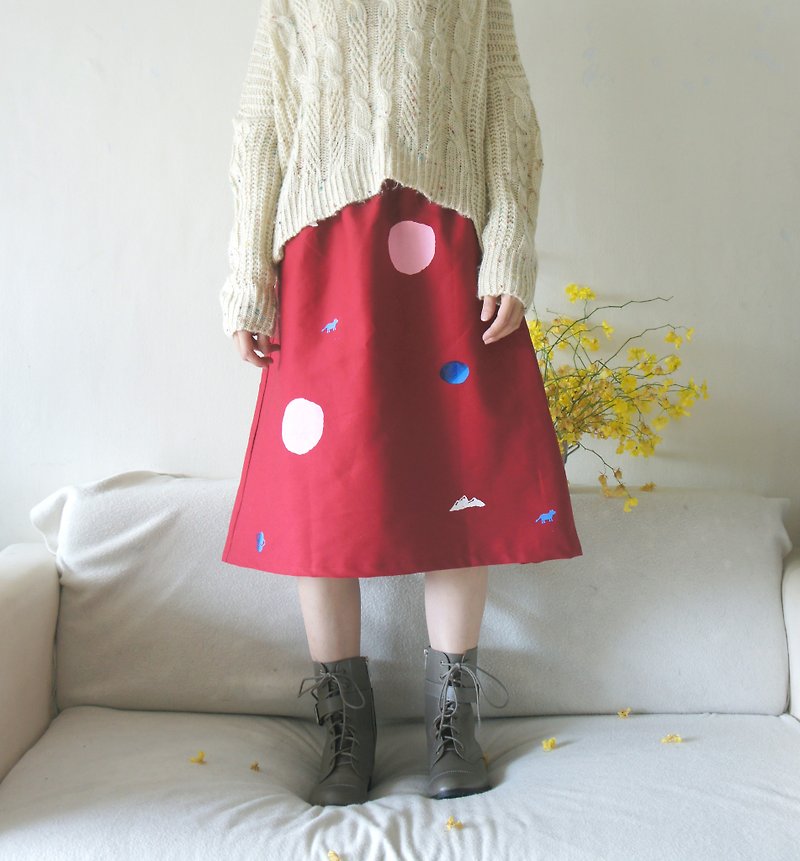 Pink bubbles, in vain mountain shadow, blue planet red Skirt ★ - กระโปรง - ผ้าฝ้าย/ผ้าลินิน สีแดง