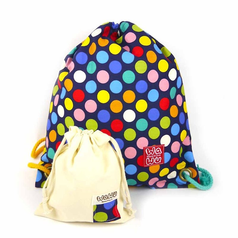 WaWu Drawstring backpack (Colorful blue dot fabric) - กระเป๋าหูรูด - ผ้าฝ้าย/ผ้าลินิน สีน้ำเงิน