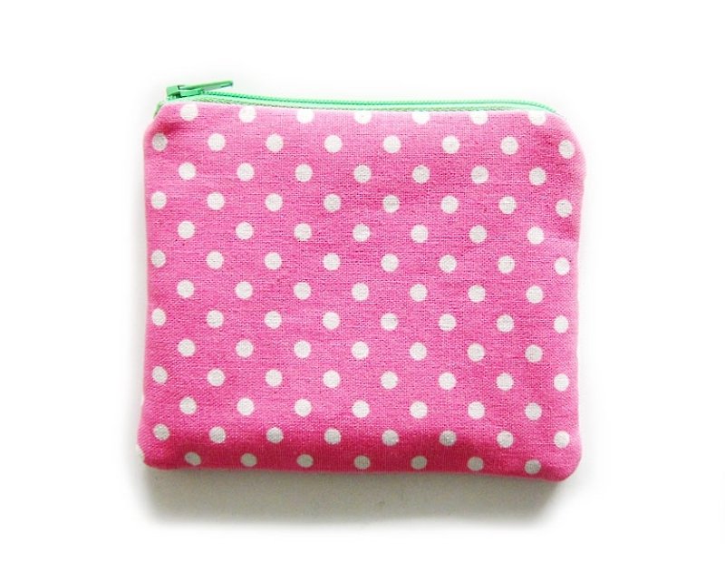 Zipper bag / coin purse / mobile phone case double-sided bright pink water jade dotted stripes - กระเป๋าใส่เหรียญ - วัสดุอื่นๆ สึชมพู