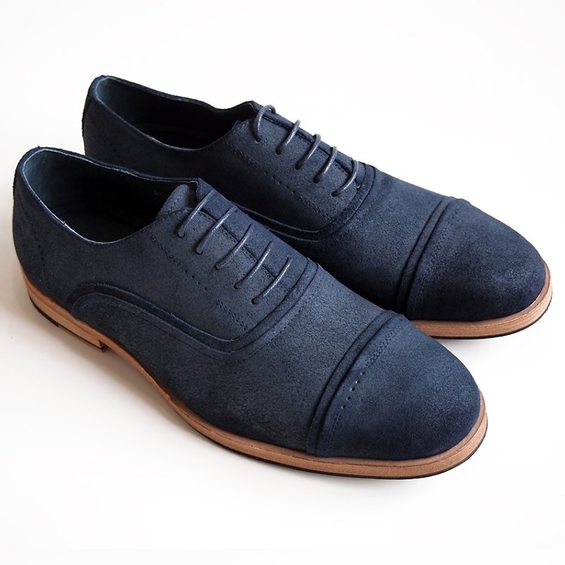 [LMdH]D1A08-39 Hand-finished cap-toe suede oxfords in deep blue. - Men's Oxford Shoes - Genuine Leather Blue