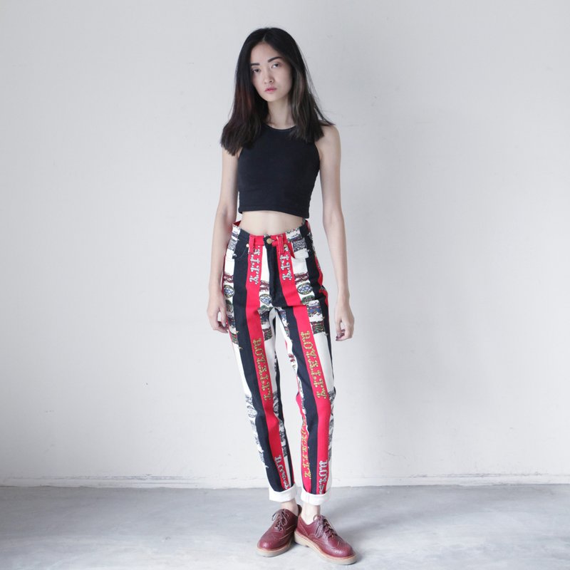 A ROOM MODEL - VINTAGE, DP-0231 VERSACE red and black stripes with retro flower pattern flower pants Shimokitazawa - Women's Pants - Cotton & Hemp Red