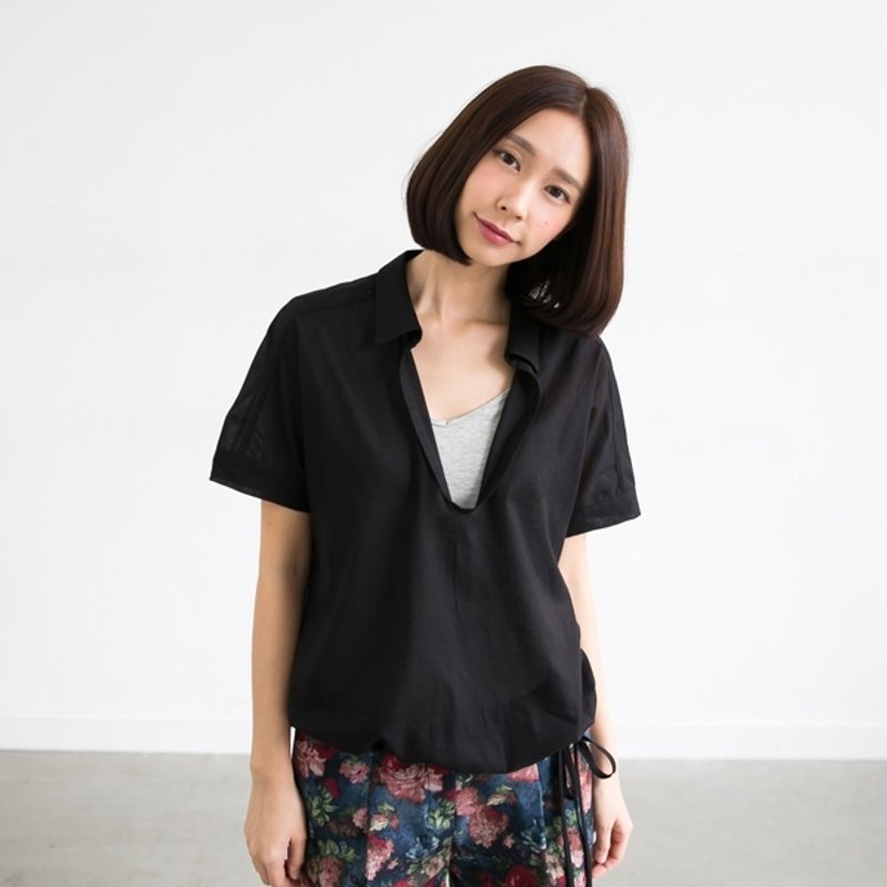 Deep V short version air shirt (with belt) - Black - Women's Shirts - Other Materials Black