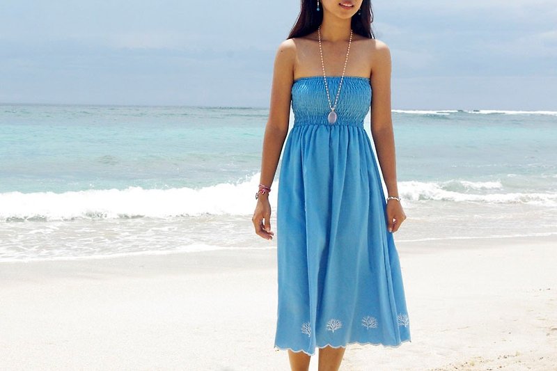 2015SS new stock! Coral embroidery dress <Light Blue> - ชุดเดรส - วัสดุอื่นๆ สีน้ำเงิน