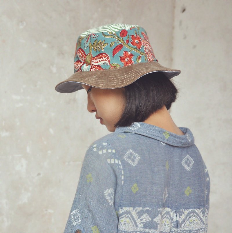 N. Peach St North Peach: double-sided hat [Wide] - mountains Lake (comfortable, natural, natural materials, woodcut, cowboy, Fisher hat, Camp) - หมวก - ผ้าฝ้าย/ผ้าลินิน สีน้ำเงิน