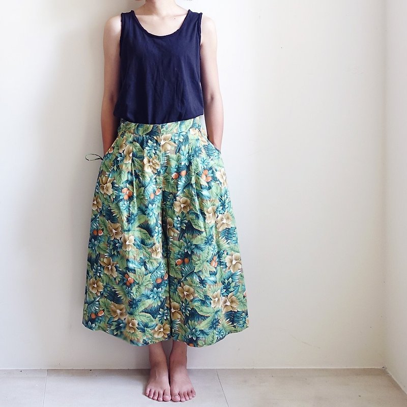 BajuTua / vintage / Jungle fruit green high-waisted skirts wide - กางเกงขายาว - ผ้าฝ้าย/ผ้าลินิน สีเขียว