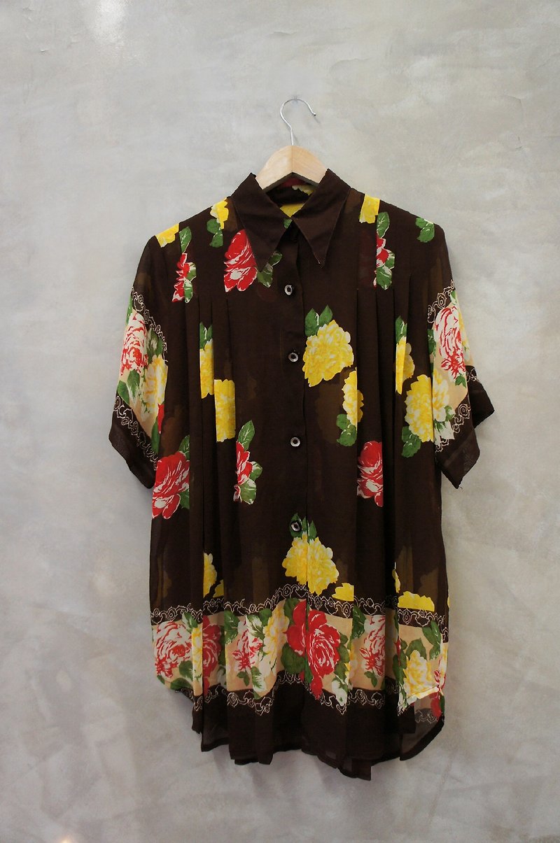 PdB large red and yellow flowers vintage chiffon shirt long through skin - Women's Shirts - Other Materials Brown
